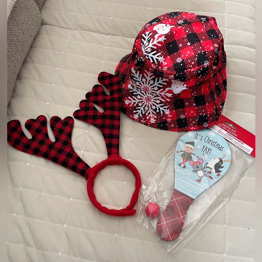 Stocking Stuffer Bundle - Reindeer Antlers, Paddle Ball, Plaid Bucket Hat